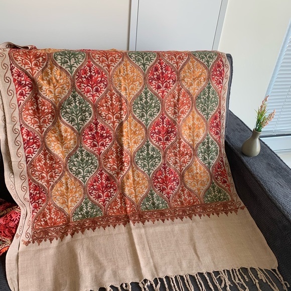 beautiful Kashmiri stoles in beige, maroon red base colors fine embroidery - Picture 1 of 3